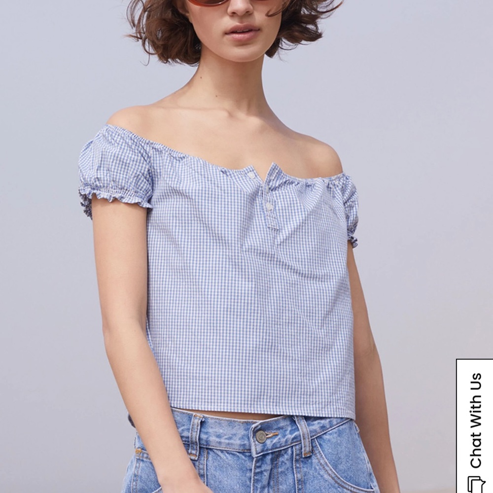 John Galt Blue & White Gingham Clarisse Off-The-Shoulder Top 1SZ NWT